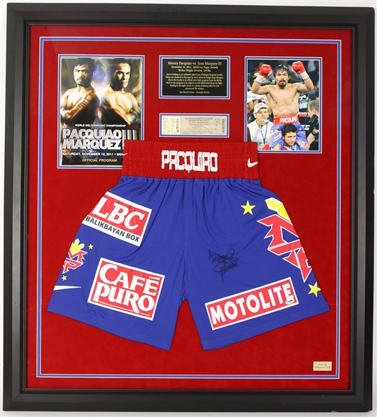 2011 Manny Pacquiao World Welterweight Champion 40" x 44" Framed Muhammad Ali Jr. Gallery Display w/ Signed Trunks (PSA/DNA) 
