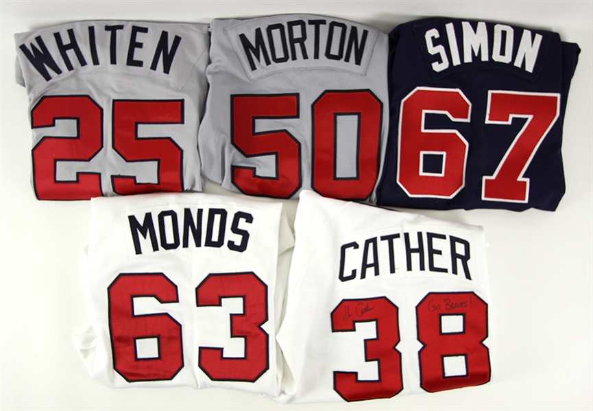 1994-2009 Atlanta Braves Game Worn Jersey Collection - Lot of 5 w/ Mark Whiten, Mike Cather Signed & More (MEARS LOA/JSA)