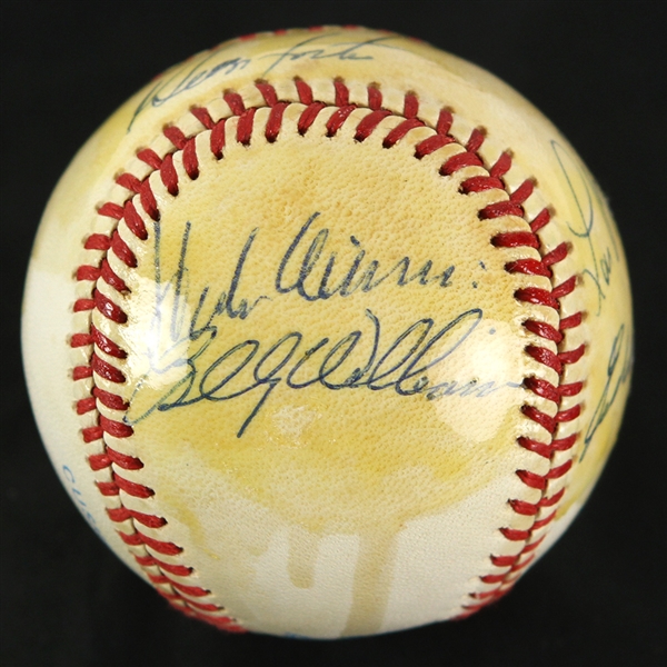 1985-89 Hall of Fame Multi Signed OAL Brown Baseball w/ 7 Signatures Including Hank Aaron, Eddie Mathews, Bob Feller & More (JSA)