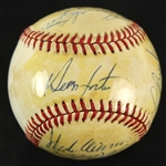 1985-89 Hall of Fame Multi Signed OAL Brown Baseball w/ 7 Signatures Including Hank Aaron, Eddie Mathews, Bob Feller & More (JSA)