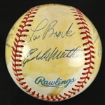 1985-89 Hall of Fame Multi Signed OAL Brown Baseball w/ 7 Signatures Including Hank Aaron, Eddie Mathews, Bob Feller & More (JSA)