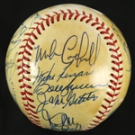 1985-89 Milwaukee Brewers New York Yankees Old Timers Game Multi Signed OAL Brown Baseball w/ 21 Signatures Including Johnny Mize, Enos Slaughter, Sparky Lyle & More (JSA)