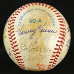 1985 Old Timers Game Multi Signed OAL Brown Baseball w/ 21 Signatures Including Eddie Mathews, Bob Feller, Ron Santo, Harvey Kuenn, Ken Keltner & More (JSA)