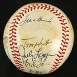 1985 Old Timers Game Multi Signed OAL Brown Baseball w/ 21 Signatures Including Eddie Mathews, Bob Feller, Ron Santo, Harvey Kuenn, Ken Keltner & More (JSA)