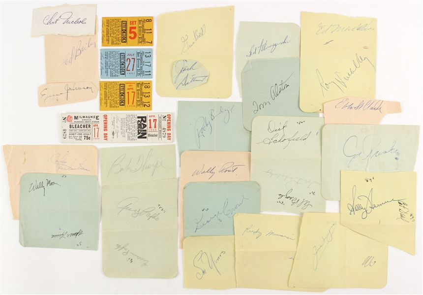 1950s Milwaukee Braves Tickets & Signed Cut Collection - Lot of 26 w/ Signatures From Eddie Mathews, Ted Kluszewski & More (JSA)