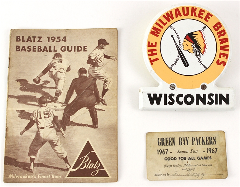 1954-67 Milwaukee Braves Green Bay Packers Memorabilia - Lot of 3 w/ 1954 Blatz Baseball Guide, 1967 Packers Season Pass & More