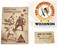 1954-67 Milwaukee Braves Green Bay Packers Memorabilia - Lot of 3 w/ 1954 Blatz Baseball Guide, 1967 Packers Season Pass & More