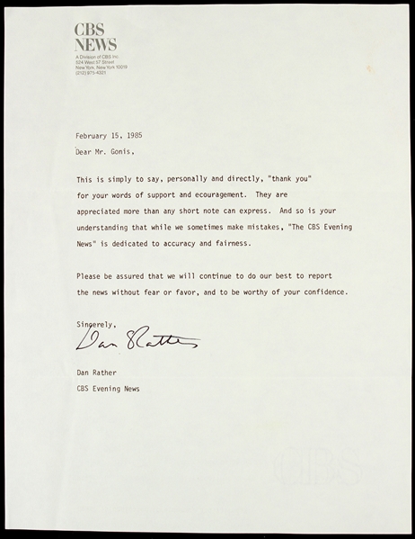 1985 Dan Rather CBS Evening News Anchor Signed Letter (JSA)