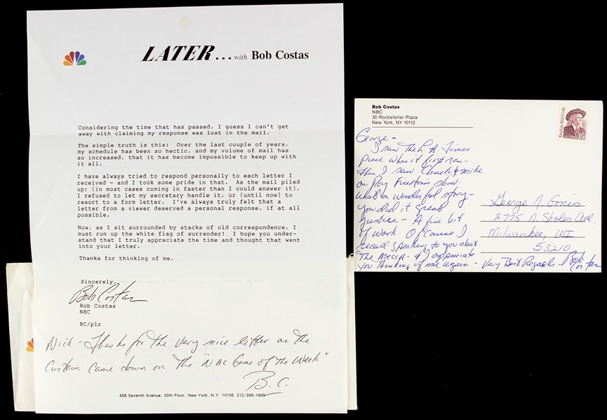 1990 Bob Costas NBC Sports Singed Postcard & Form Letter w/ Handwritten Note - Lot of 2 (JSA)