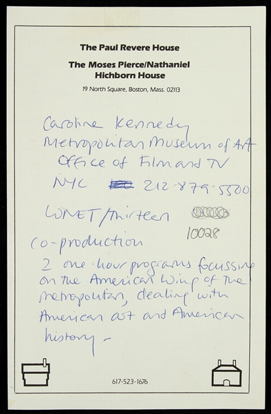 1970s Caroline Kennedy Paul Revere House Moses Pierce/Nathaniel Hichborn House Handewritten Sheet