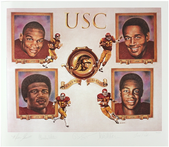 1980s Mike Garrett OJ Simpson Charles White Marcus Allen Signed 27" x 31" USC Heisman Heroes Lithograph (JSA) 723/2000