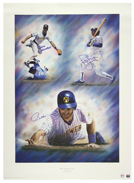1993 Robin Yount Paul Molitor Jim Gantner Milwaukee Brewers Signed 27" x 37" The End of an Era Lithograph (JSA) 58/1992