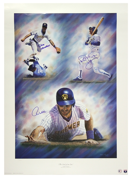 1993 Robin Yount Paul Molitor Jim Gantner Milwaukee Brewers Signed 27" x 37" The End of an Era Lithograph (JSA) 66/1992
