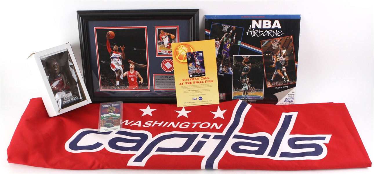 1990s-2000s Basketball Hockey Baseball Memorabilia Collection - Lot of 6 w/ 13" x 16" Framed John Wall Game Worn Jersey Swatch Display, Washington Capitals Verizon Center Banner & More