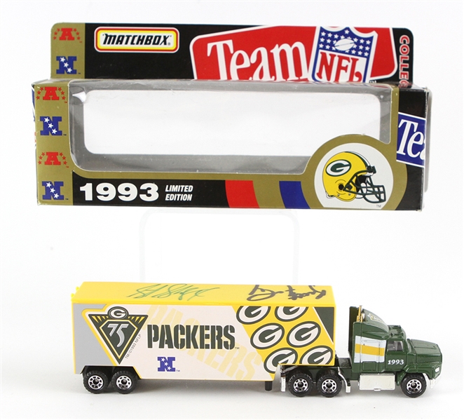 1993 Brett Favre Sterling Sharpe Green Bay Packers Signed 75th Anniversary Matchbox Big Rig w/ Original Box (JSA)