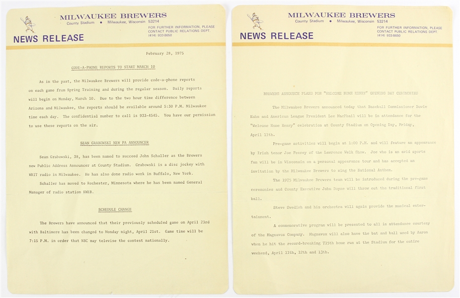 1975 Milwaukee Brewers News Release - Lot of 2 Pages w/ Welcome Home Henry Opening Day Ceremonies & More  