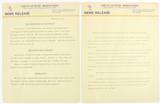 1975 Milwaukee Brewers News Release - Lot of 2 Pages w/ Welcome Home Henry Opening Day Ceremonies & More  