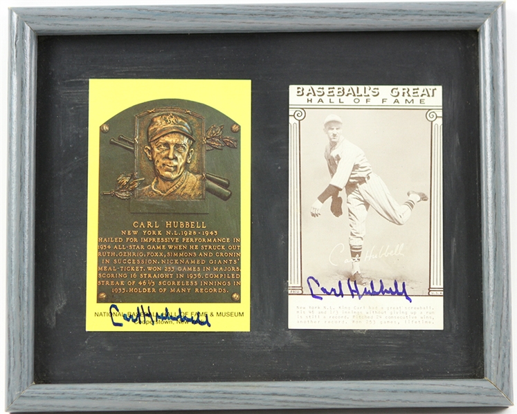 1930s player Carl Hubbell New York Giants Signed HOF Postcard & Exhibit Card (2) (JSA)