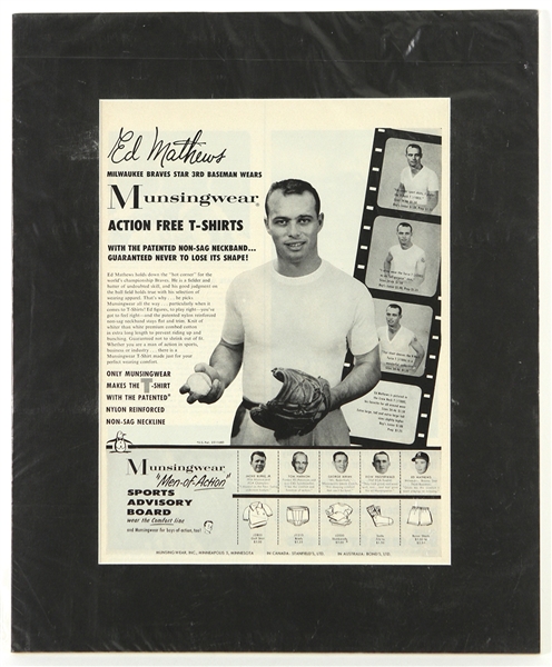 1958 Eddie Mathews Milwaukee Braves 15" x 18" Matted Munsingwear Advertisement