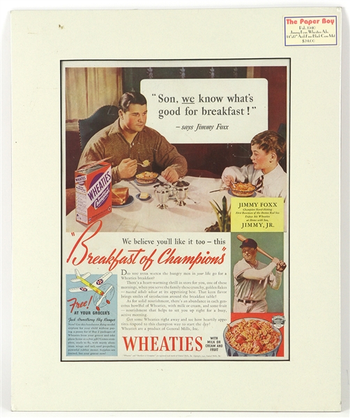 1940 Jimmy Foxx Boston Red Sox 14" x 17" Matted Wheaties Advertisement
