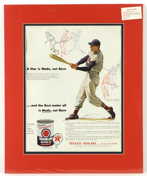 1954 Ted Williams Boston Red Sox 14" x 17" Matted Texaco Havoline Advertisement