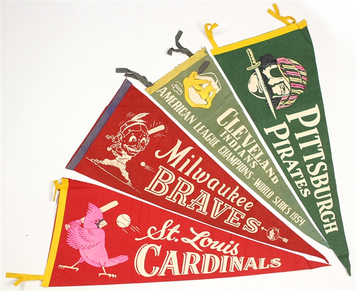 1950s Baseball Full Size Pennants - Lot of 4 w/ 1965 AL Champion Cleveland Indians, Milwaukee Braves & More