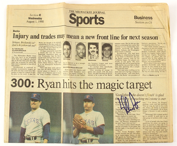 1990 Nolan Ryan Texas Rangers Signed Milwaukee Journal Newspaper Front Page (JSA)