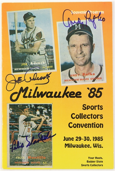 1985 Milwaukee Sports Collectors Convention Program Signed by Joe Adcock, Andy Pakfo, Felix Mantila (JSA)