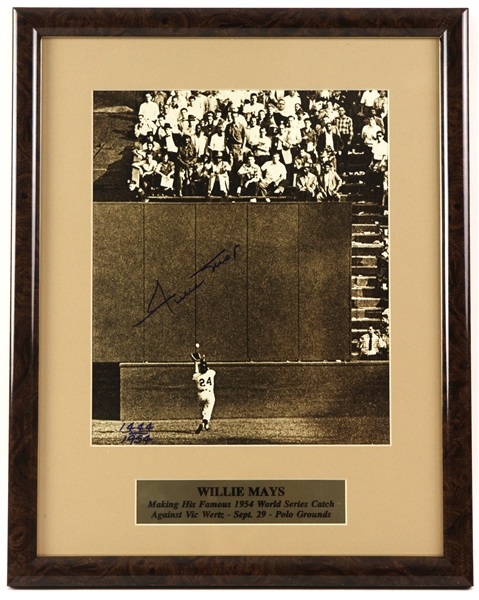 1990s Willie Mays New York Giants Signed 16" x 20" Framed 1954 World Series Catch Display (JSA) 1444/1954