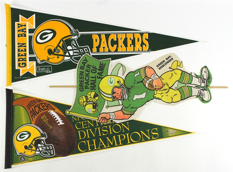 1970s-90s Green Bay Packers Full Size Pennants - Lot of 42 w/ Super Bowl Pennnats, Packer Hall of Fame Player Stick Pennant & More