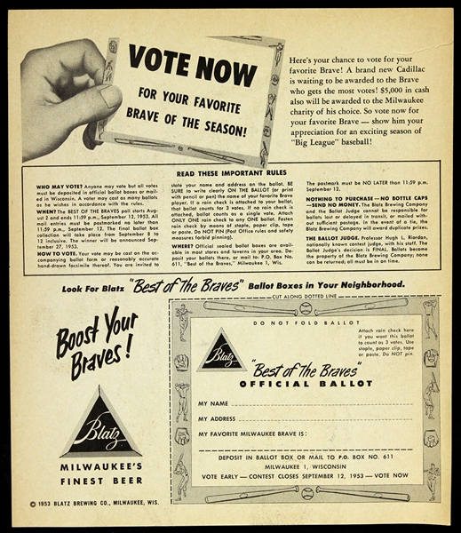 1953 RARE Milwaukee Braves Blatz 9”x10” “Best of the Braves” Ballot