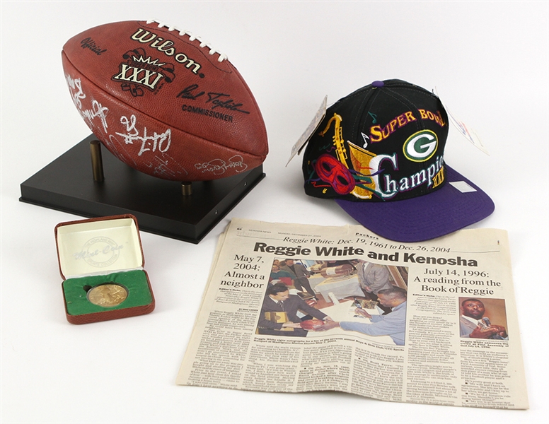 1997 Green Bay Packers Multi Signed Super Bowl XXXI Football w/ 13 Signatures Including Reggie White, Desmond Howard, Andre Rison & More Plus Commemorative Coin & Cap (JSA)