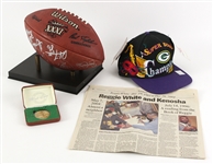 1997 Green Bay Packers Multi Signed Super Bowl XXXI Football w/ 13 Signatures Including Reggie White, Desmond Howard, Andre Rison & More Plus Commemorative Coin & Cap (JSA)
