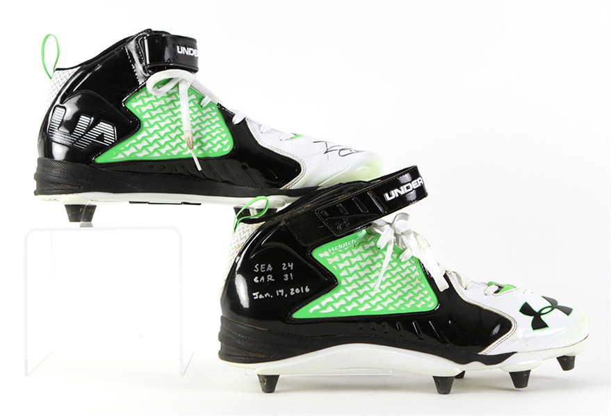 2016 (January 17) Russell Wilson Seattle Seahawks Signed Playoff Game Worn Under Armour Cleats (MEARS LOA/JSA)