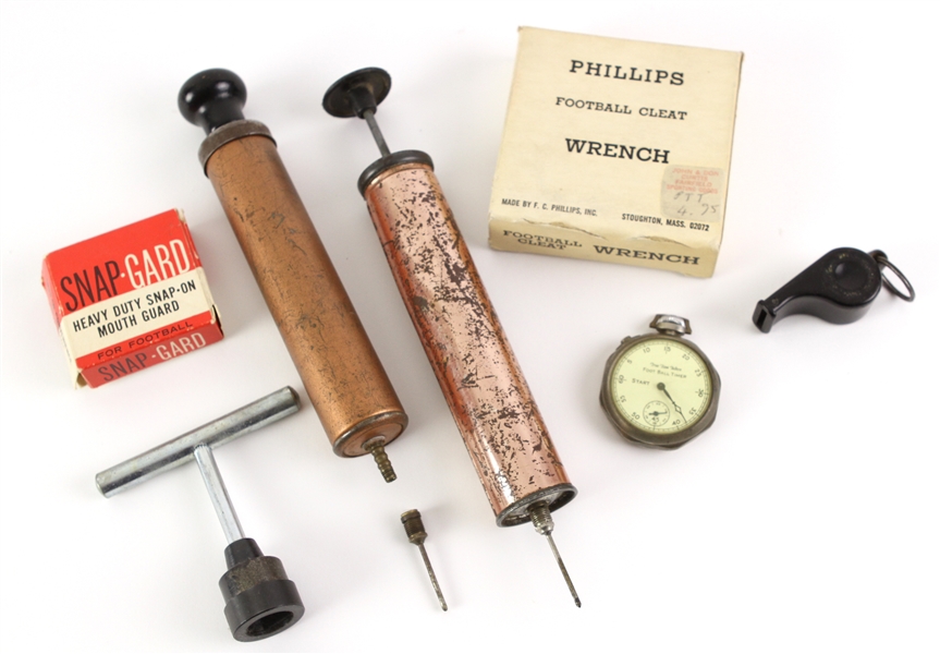 1940s-60s Football Equipment Collection - Lot of 6 w/ Stopwatch, Whistle, MIB Cleat Wrench, MIB Mouthguard & Air Pumps