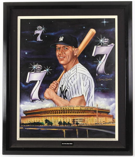 1986 Mickey Mantle New York Yankees Signed 32" x 38" Framed Robert Stephen Simon Lithograph (JSA)