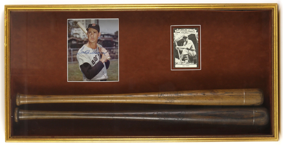 1930s-70s Ted Williams Bill Terry Red Sox/Giants 19" x 38" Framed Display w/ Store Model Bats & Signed Photo/Postacard (JSA)