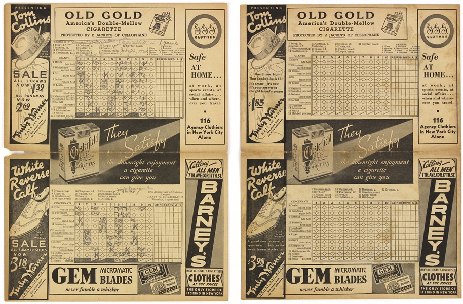 1936 New York Giants Cincinnati Reds Polo Grounds Scorecards - Lot of 2 w/ 1 Scored & 1 Unscored