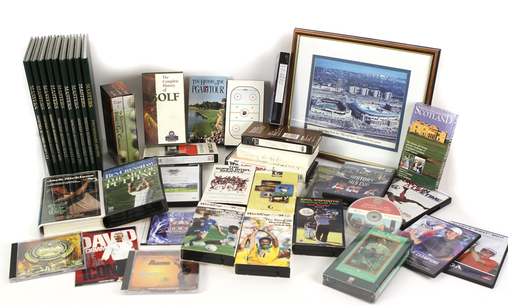 1980s-2000s Golf Soccer Baseball Football Media Collection - Lot of 43 w/ Hardcover Masters Annuals, Super Bowl Shuffle VHS Tape & More
