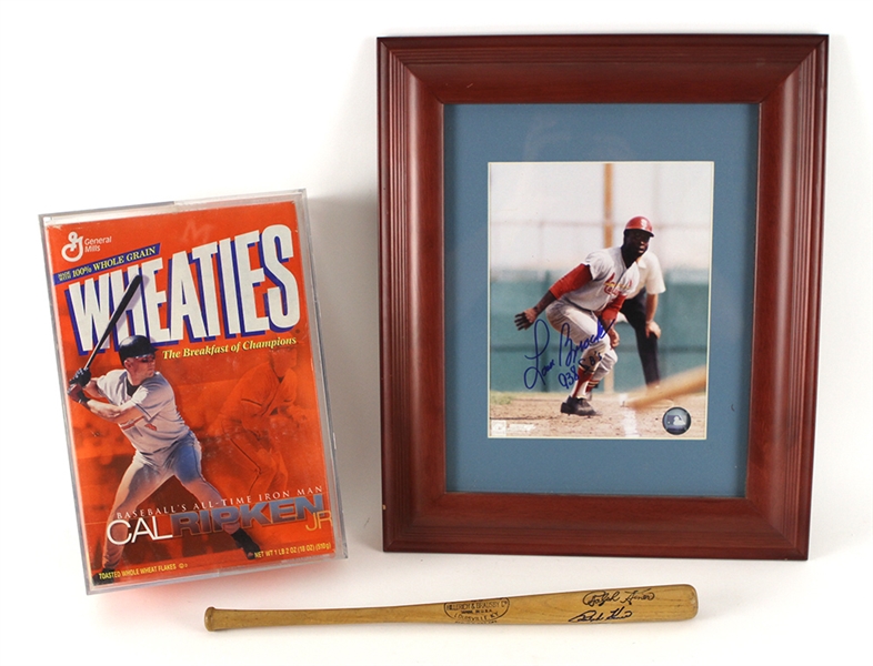 1970s-90s Baseball Memorabilia Collection - Lot of 3 w/ Ralph Kiner Signed Mini Bat, Lou Brock 15" x 18" Framed Photo & Cal Ripken Wheaties Box (JSA)
