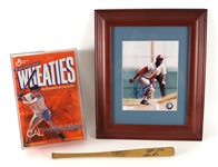 1970s-90s Baseball Memorabilia Collection - Lot of 3 w/ Ralph Kiner Signed Mini Bat, Lou Brock 15" x 18" Framed Photo & Cal Ripken Wheaties Box (JSA)