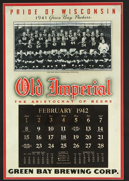 1941 Green Bay Packers Five Times World Champions 20" x 27" Old Imperial Green Bay Brewing Broadside Printers Proof