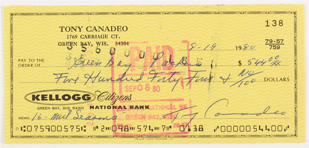 1980 Tony Canadeo Green Bay Packers Signed Personal Check (JSA)