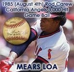 1985 (August 4th) Rod Carew California Angels Game Used #3,000 Hit Game Baseball (MEARS LOA/JSA)