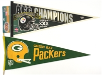 1980's-90's Full Size Pennant Collection - Lot of 85 w/ Chicago Bulls NBA Champions, Sosa/McGwire Doormat & More
