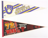 1980's-90's Full Size Pennant Collection - Lot of 85 w/ Chicago Bulls NBA Champions, Sosa/McGwire Doormat & More