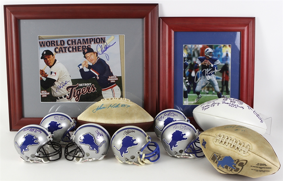 1980s-2000s Detroit Lions Detroit Tigers Signed Collection - Lot of 11 w/ Mini Helmets, Footballs & Framed Photos (JSA)