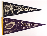 1940's-70's Baseball Football Basketball College Pennant Collection - Lot of 22 w/ Brooklyn Dodgers NL Champions, Soldier Field, NY Yankees/Giants & More 