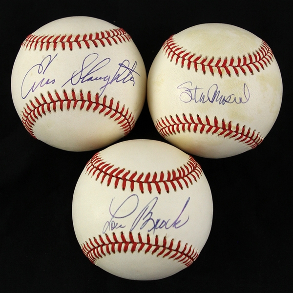 1985-92 Stan Musial Enos Slaughter Lou Brock St. Louis Cardinals Signed Baseballs - Lot of 3 (JSA)