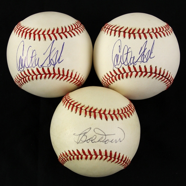 1985-92 Bobby Doerr Carlton Fisk Boston Red Sox Signed OAL Brown Baseballs - Lot of 3 (JSA)